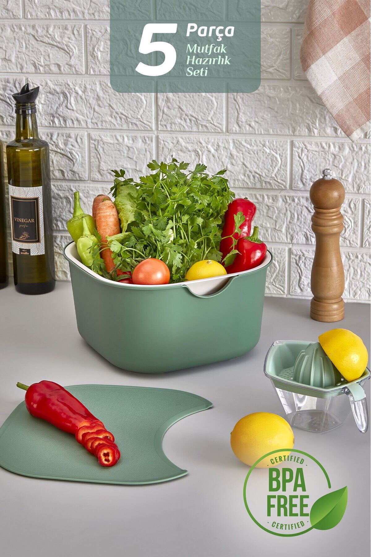 5'li Mutfak Hazırlık Seti - Çok Amaçlı Karıştırma Kabı Kasesi Kesme Tahtası Süzgeç Limon Sıkacağı