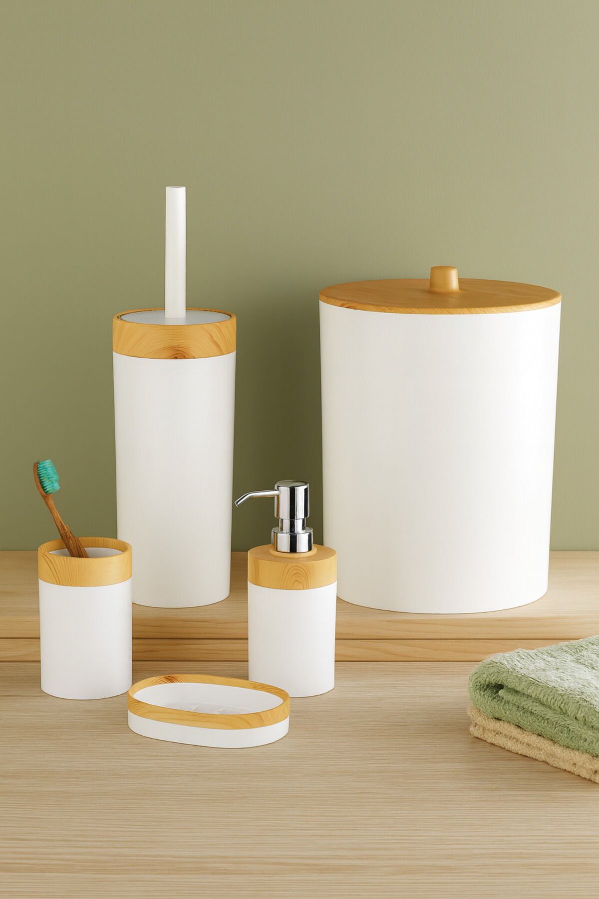 Limpia Bambu Desenli 5'li Banyo Seti Çöp Kovası, Sıvı Sabunluk, Diş Fırçalık