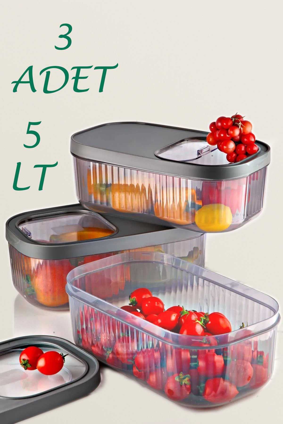 3'lü 5 Litre Deterjan Tablet Saklama Çizgili Kutusu- Kayar Kapaklı Erzak Bakliyat Kabı