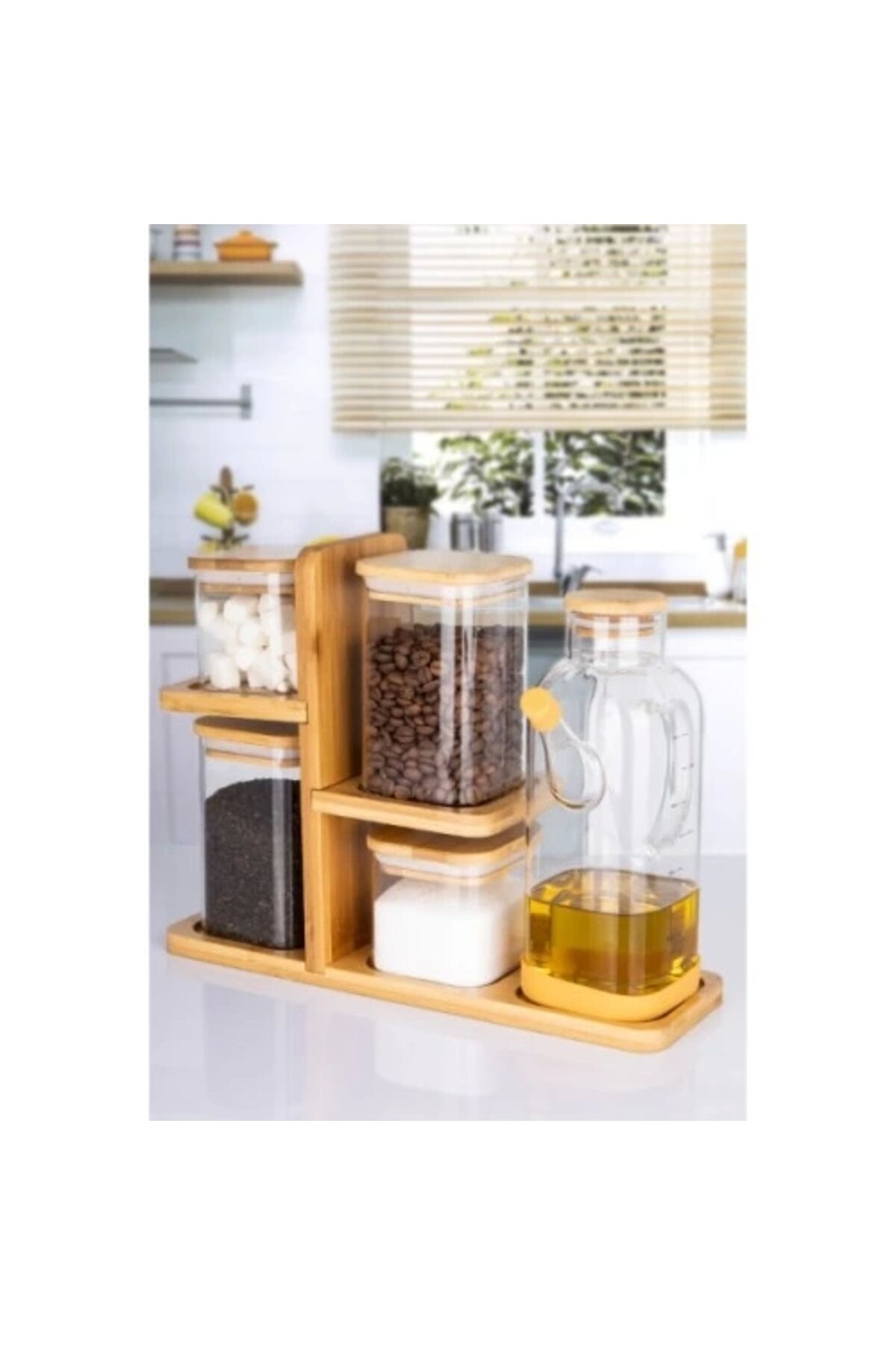 Ahşap Standlı Cam Erzak Ve Yağlık Seti