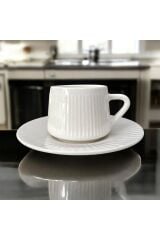 Maisone 6’lı Düz Çizgili Sade ve Şık Kabartmalı Beyaz Porselen Kahve Fincan Takımı – 100 ml