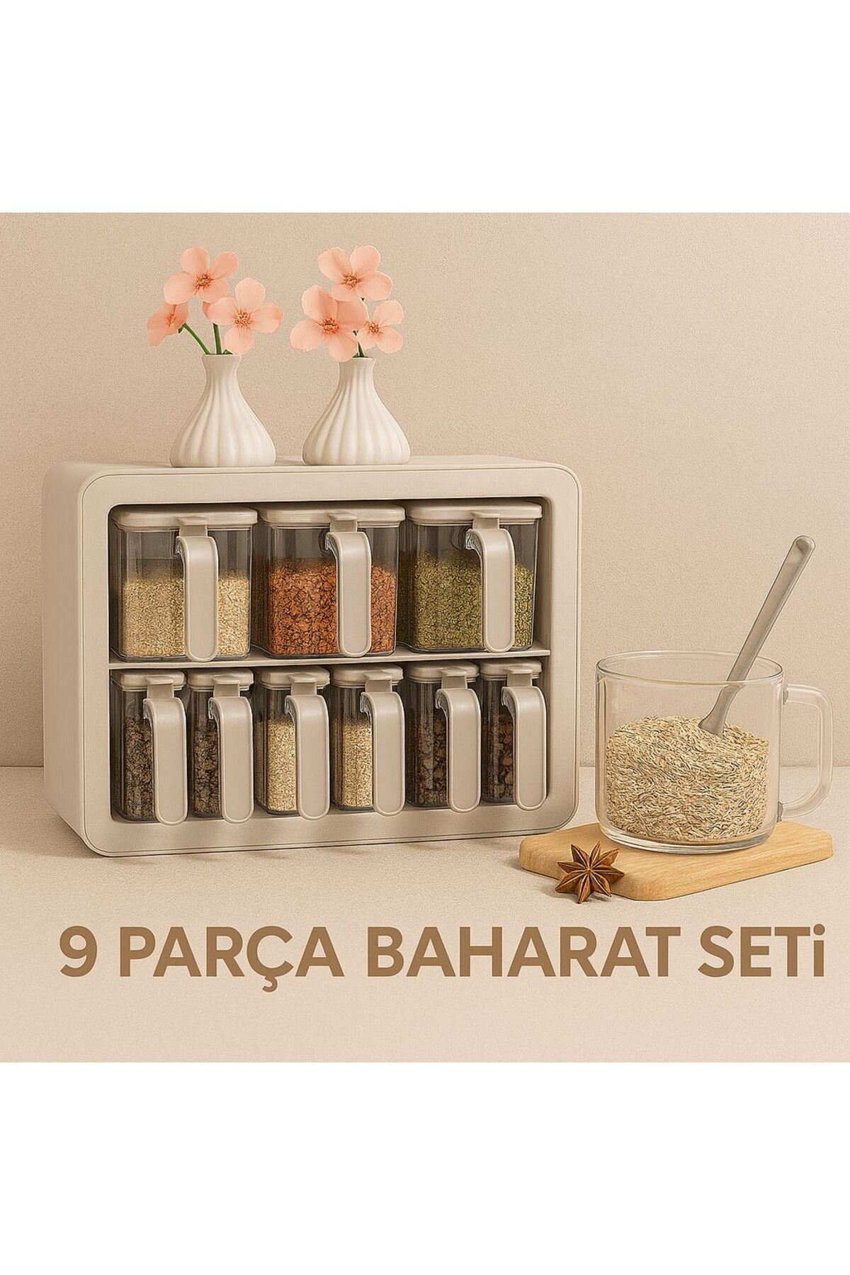 9 Parça Baharatlık Seti - Şeffaf Kavanozlu Standlı Düzenleyici Saklama Kabı