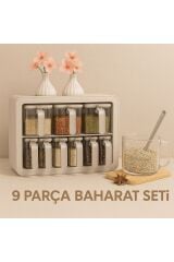 9 Parça Baharatlık Seti - Şeffaf Kavanozlu Standlı Düzenleyici Saklama Kabı