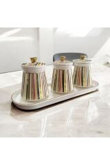 Altın Kalpli Standlı Kapaklı Renkli Çizgili Porselen Saklama Kabı