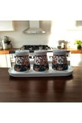 Maisone Premium 3’lü Porselen Baharatlık Seti Osmanlı Motifli, Standlı, Dekoratif Saklama Kabı