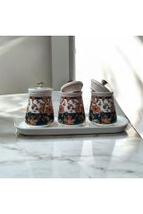 Maisone Premium 3’lü Porselen Baharatlık Seti Osmanlı Motifli, Standlı, Dekoratif Saklama Kabı