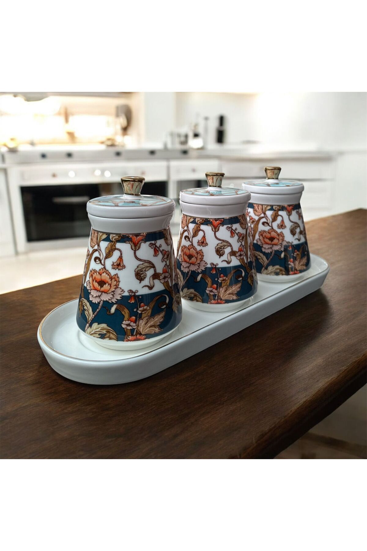 Maisone Premium 3’lü Porselen Baharatlık Seti Osmanlı Motifli, Standlı, Dekoratif Saklama Kabı