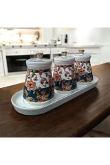 Maisone Premium 3’lü Porselen Baharatlık Seti Osmanlı Motifli, Standlı, Dekoratif Saklama Kabı