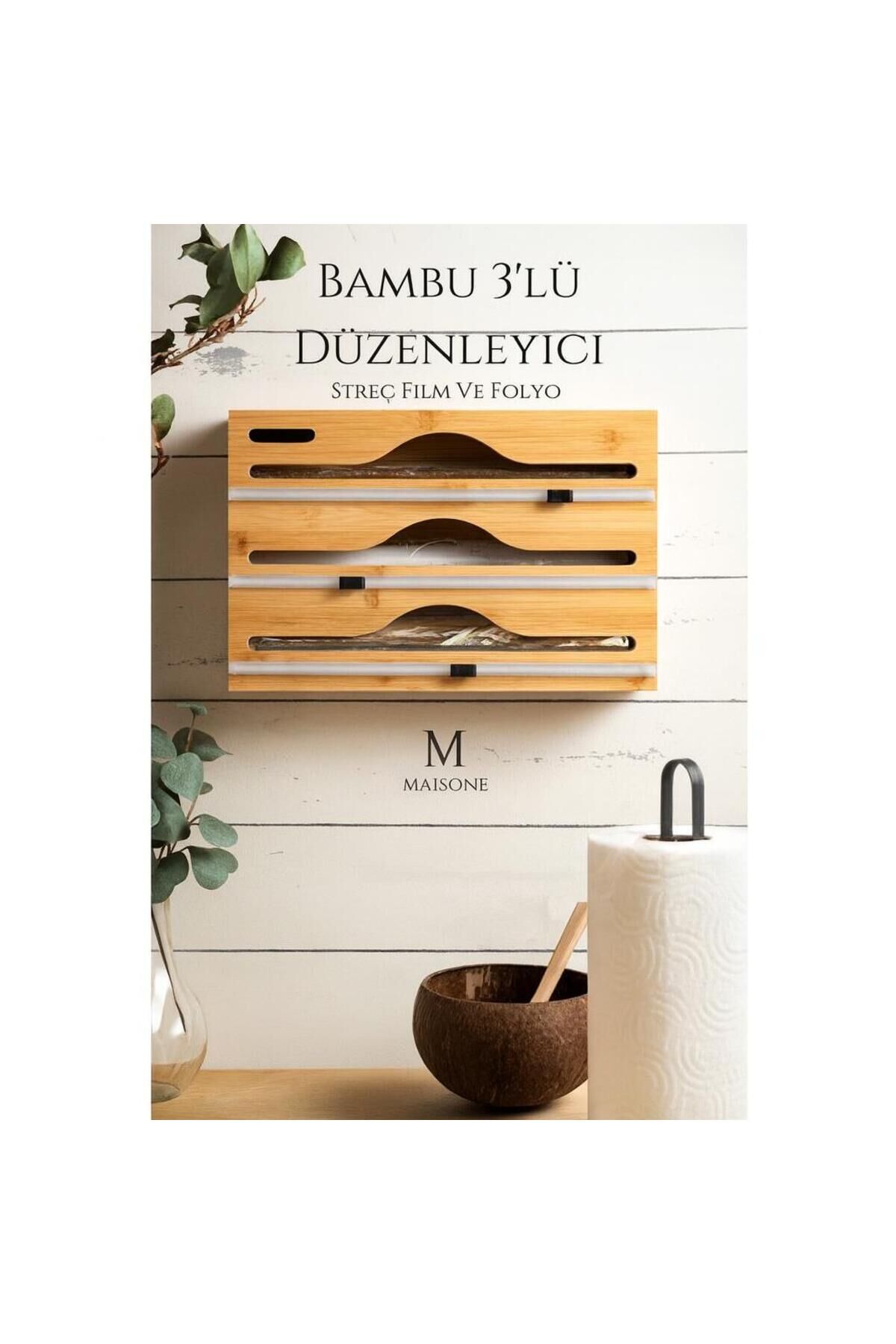Bambu Asmalı 3 Bölmeli Folyo Streç Film ve Yanmaz Kağıt Standı - Düzenleyici Mutfak Organizer