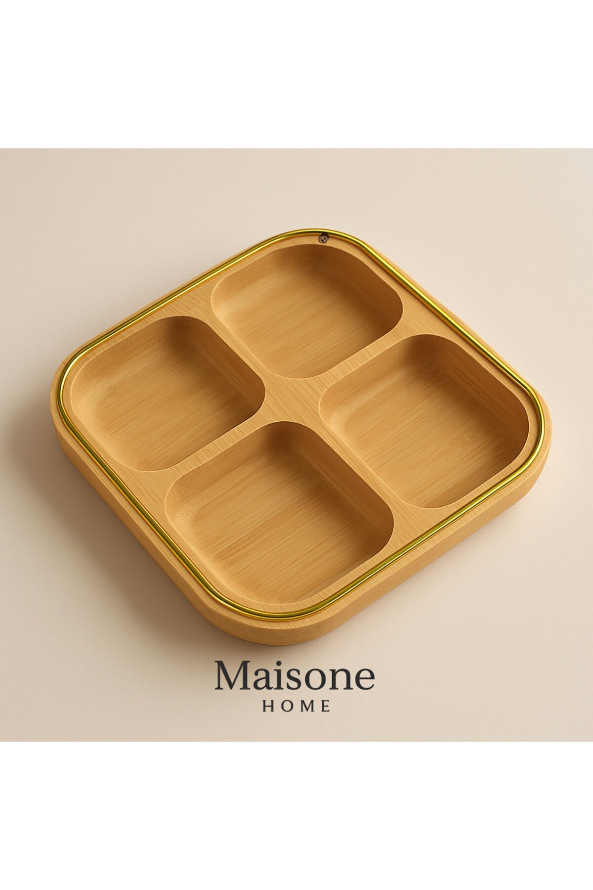 4 Bölmeli Kare Bambu Sunumluk – Altın Detaylı Doğal Servis Tabağı