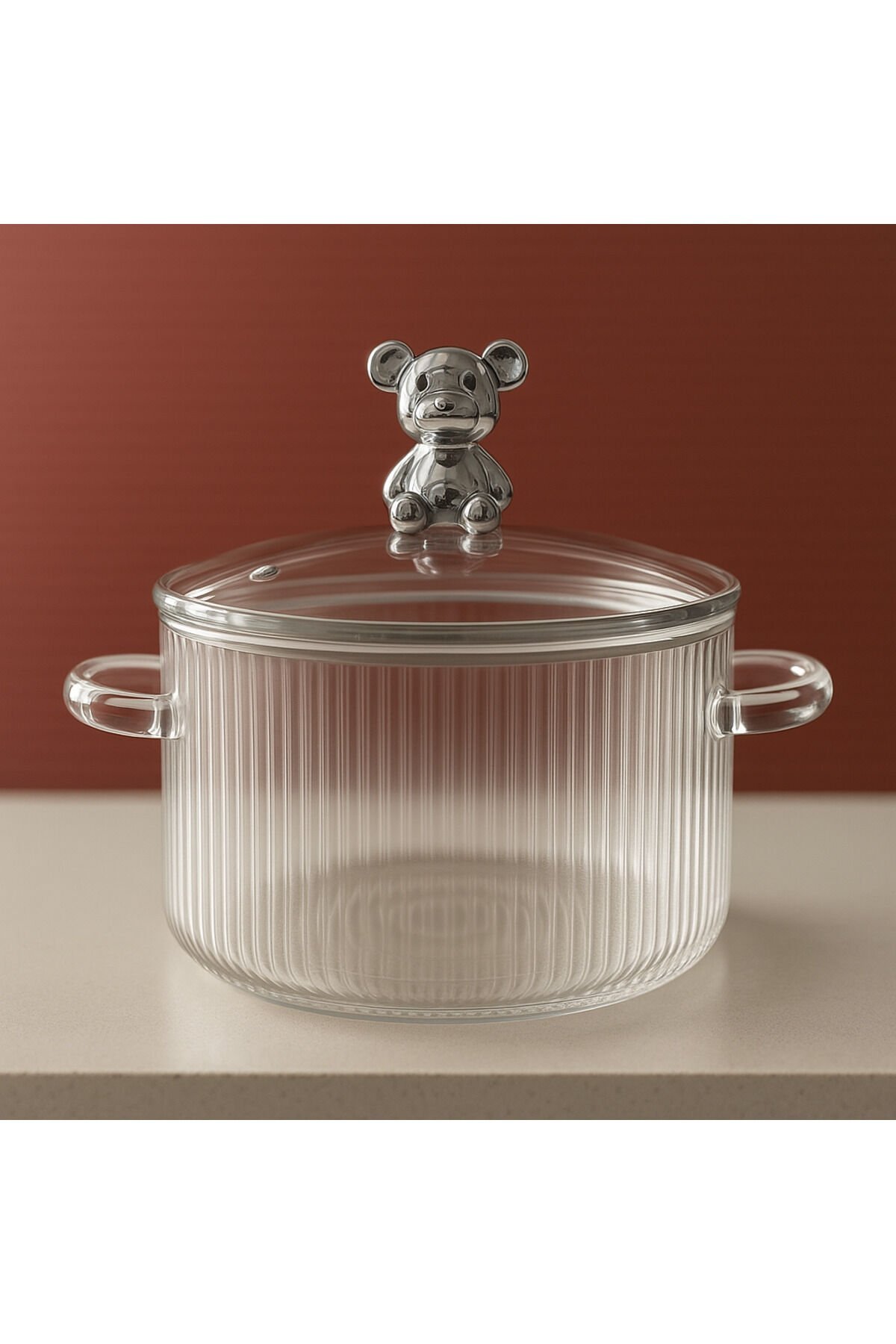 Ayı Figürlü Isıya Dayanıklı Cam Tencere – 1800 ml Şeffaf ve Modern Tasarım