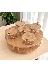 Maisone Doğal Bambu Kapaklı 5’li Cam Baharatlık Seti - Döner Standlı Kavanoz Takımı