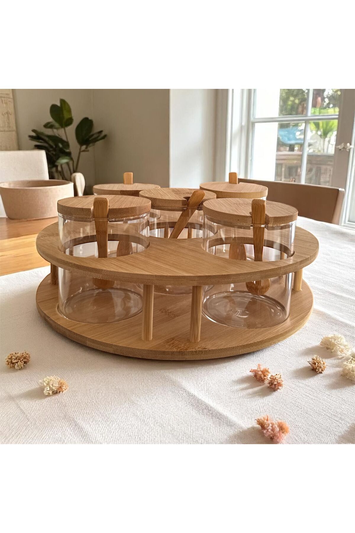 Maisone Doğal Bambu Kapaklı 5’li Cam Baharatlık Seti - Döner Standlı Kavanoz Takımı