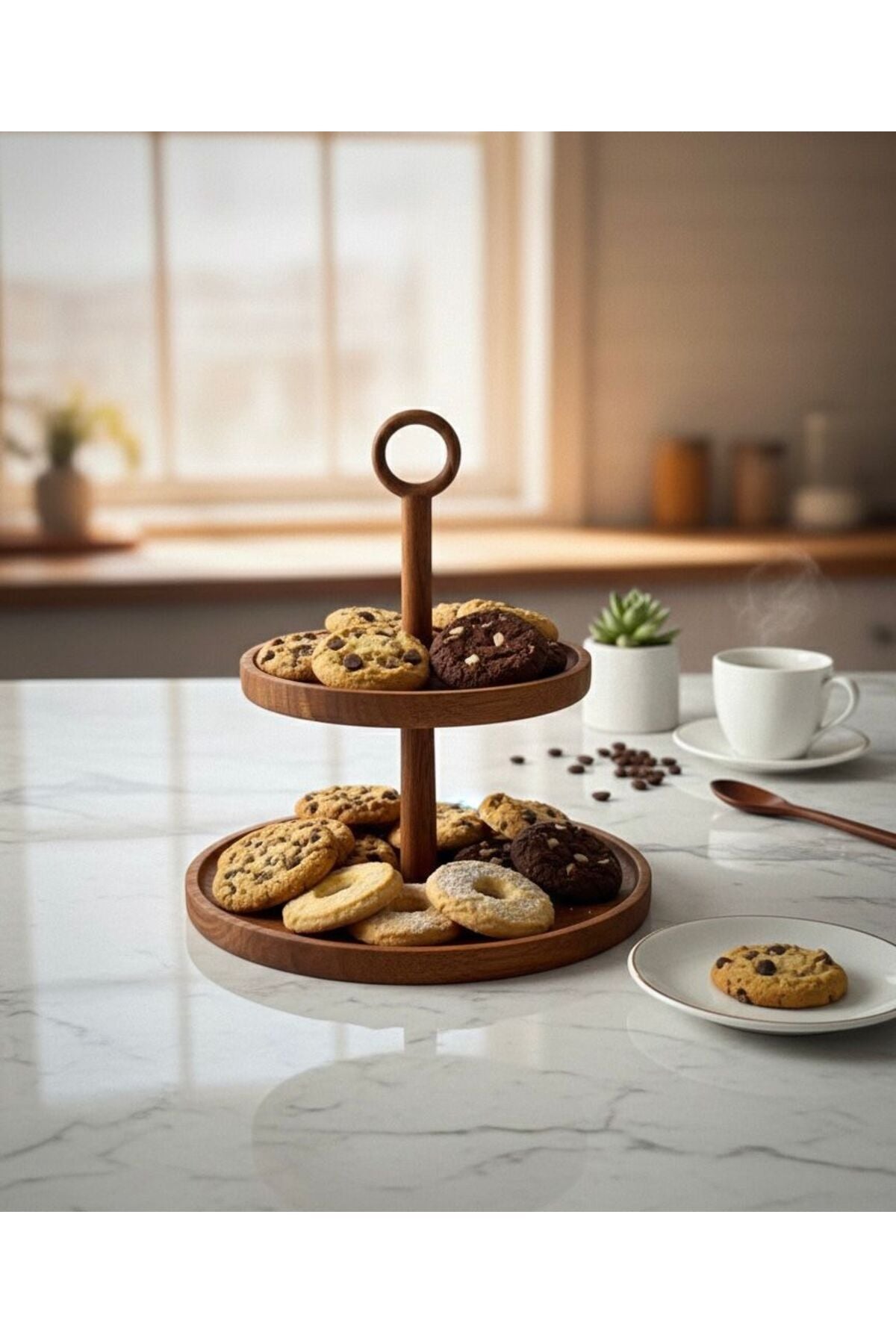 Akasya Ağacı 2 Katlı Sunumluk Doğal Ahşap Servis Standı Kurabiye, Kahvaltılık, Çerez & İkram Sunum