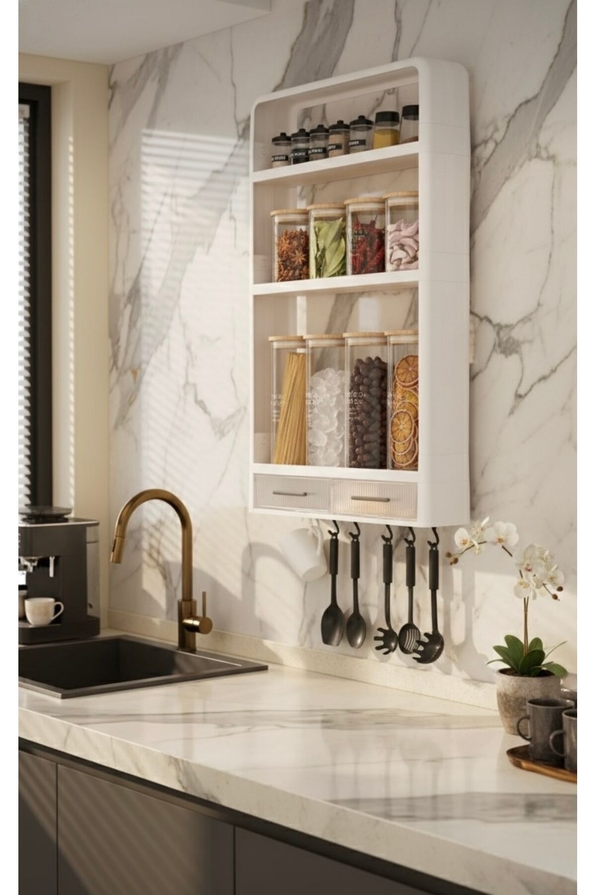 Duvar Tipi Mutfak Düzenleyici Raf – Askılık & Baharatlık & Saklama Alanı | Çok Katlı Organizer