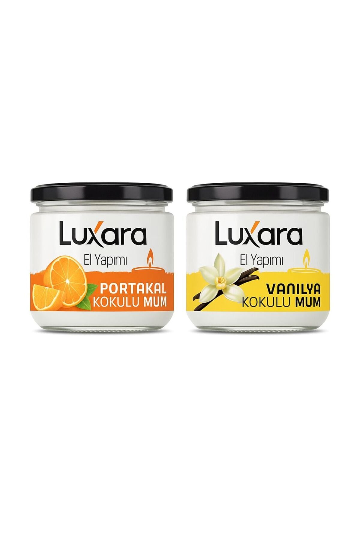 2’li El Yapımı Kokulu Mum Seti – Portakal & Vanilya – Dekoratif Cam Kavanoz