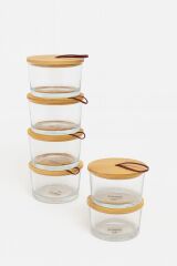 6’lı Bambu Standlı Cam Çerezlik ve Kahvaltılık Seti | Kapaklı Servis Sunumluk | Şık Mutfak Aksesuarı