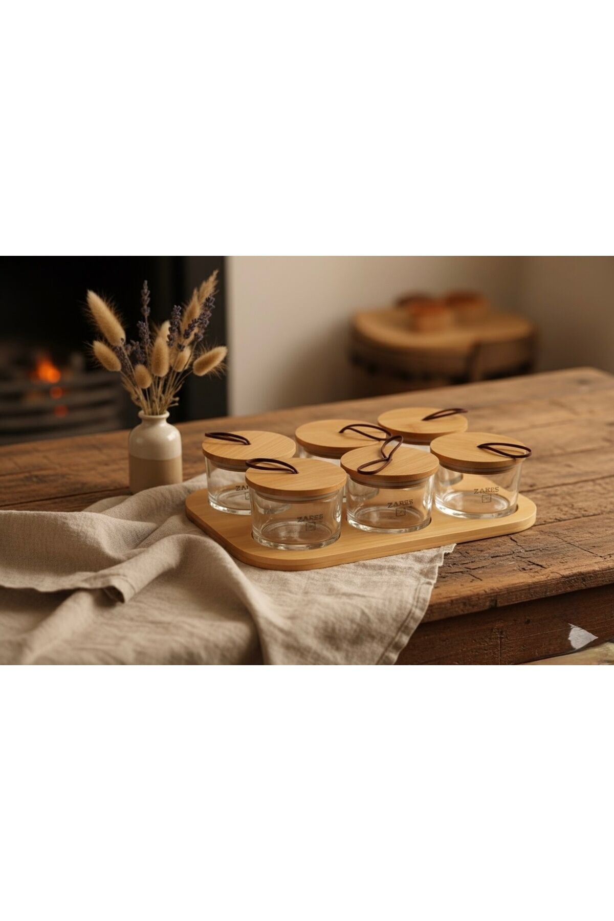 6’lı Bambu Standlı Cam Çerezlik ve Kahvaltılık Seti | Kapaklı Servis Sunumluk | Şık Mutfak Aksesuarı