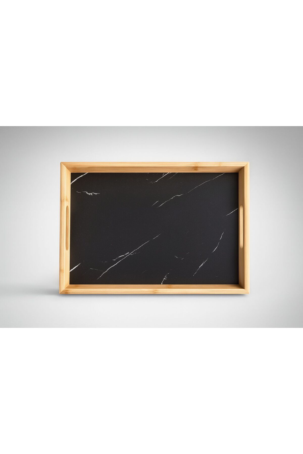 34.5x24.5 cm Bambu Çerçeveli Siyah Mermer Desenli Dikdörtgen Servis Tepsisi