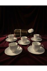 12 Parça Porselen Kahve Fincan Takımı - İpek Kutulu Altın Yaldızlı Premium Çeyiz Seti
