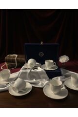 12 Parça Porselen Kahve Fincan Takımı - İpek Kutulu Altın Yaldızlı Premium Çeyiz Seti