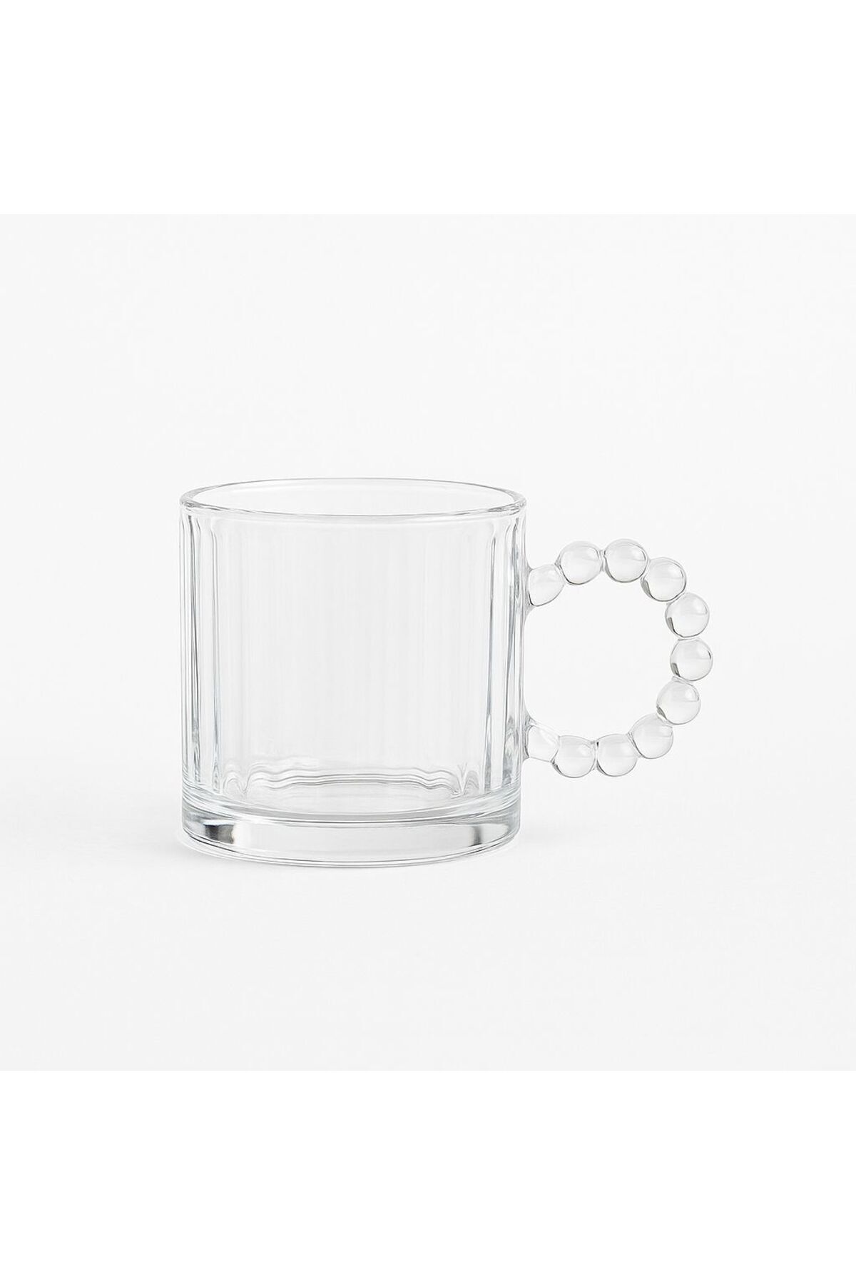 6’lı Cam Kupa Seti – Boncuk Halkalı Kulplu, Şeffaf Çay ve Kahve Bardağı, Modern Tasarım