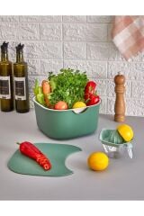 5 Parça Yeşil Mutfak Seti Karıştırma Kabı, Süzgeç, Kesme Tahtası, Limon Sıkacağı ve Kase
