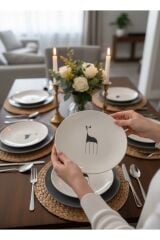 6 Adet Geyik Desenli Pasta Tabağı Seti Zarif İzler Koleksiyonu | 21 cm Kahvaltılık ve Servis Tabağı