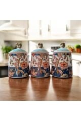 Maisone Premium 3’lü Seramik Baharatlık Seti – Osmanlı Motifli, Kapaklı, Dekoratif Saklama Kabı