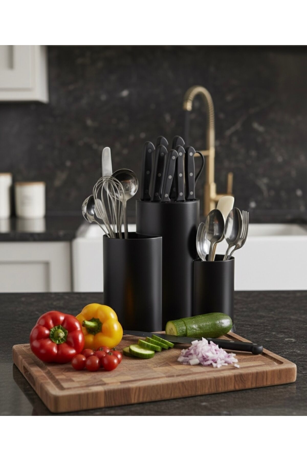 3 Bölmeli Siyah Çok Amaçlı Bıçaklık & Kaşıklık Standı – Tezgâh Üstü Mutfak Düzenleyici