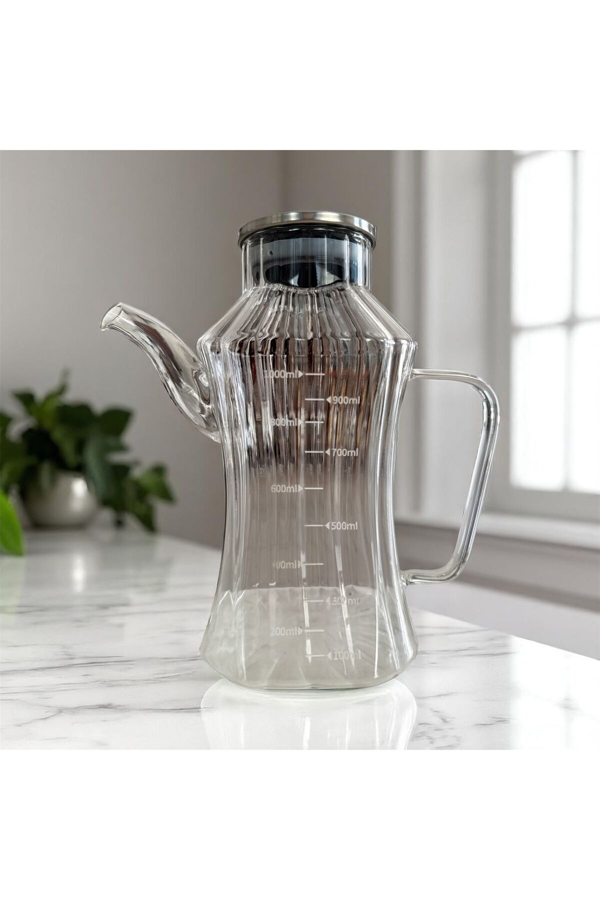 1 Lt Premium Borosilikat Cam Yağdanlık – Çelik Kapaklı, Lüks ve Modern Tasarım