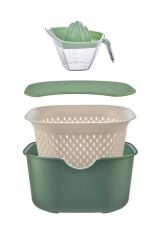 5 Parça Bej Mutfak Seti Karıştırma Kabı, Süzgeç, Kesme Tahtası, Limon Sıkacağı ve Kase