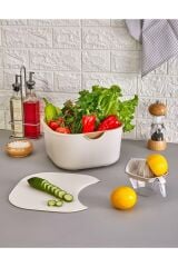 5 Parça Bej Mutfak Seti Karıştırma Kabı, Süzgeç, Kesme Tahtası, Limon Sıkacağı ve Kase