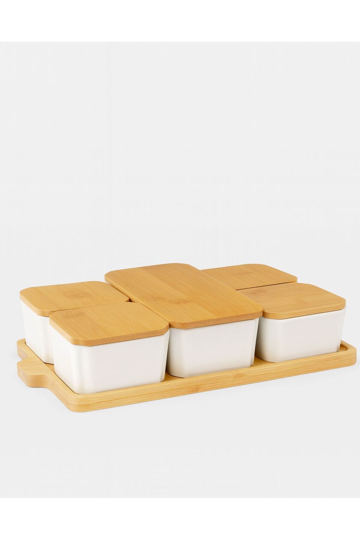 5 Parça Bambu Kapaklı Standlı Porselen Kahvaltılık Seti | Şık ve Dayanıklı Kahvaltı Sunumluk