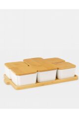 5 Parça Bambu Kapaklı Standlı Porselen Kahvaltılık Seti | Şık ve Dayanıklı Kahvaltı Sunumluk