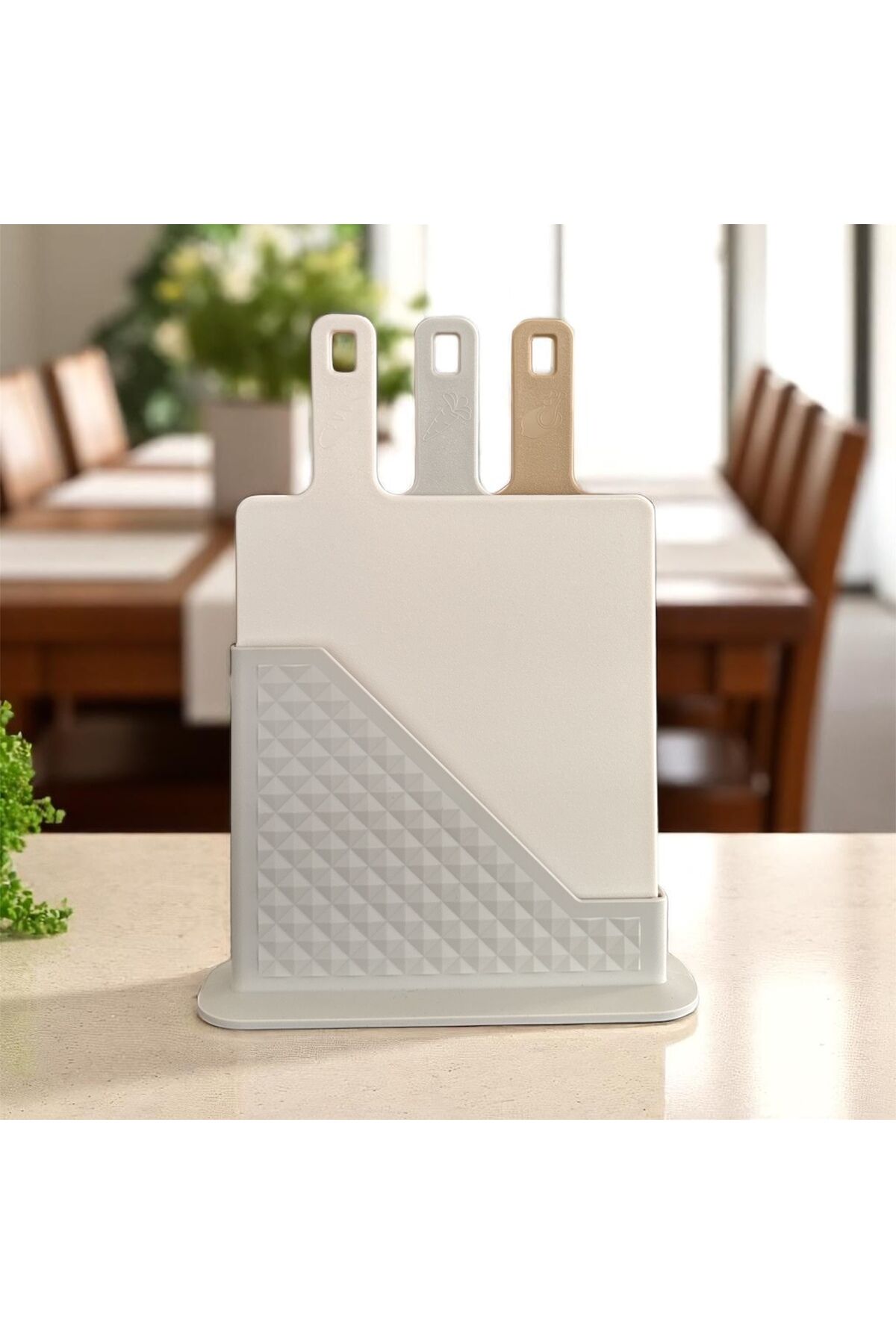 Krem Tonlarında 3’lü Lüks Kesme Tahtası Seti – Hijyenik, Şık ve Standlı Tasarım