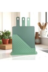 Modern Tasarımlı 3’lü Renk Kodlu Lüks Kesme Tahtası Seti – Standlı ve Hijyenik