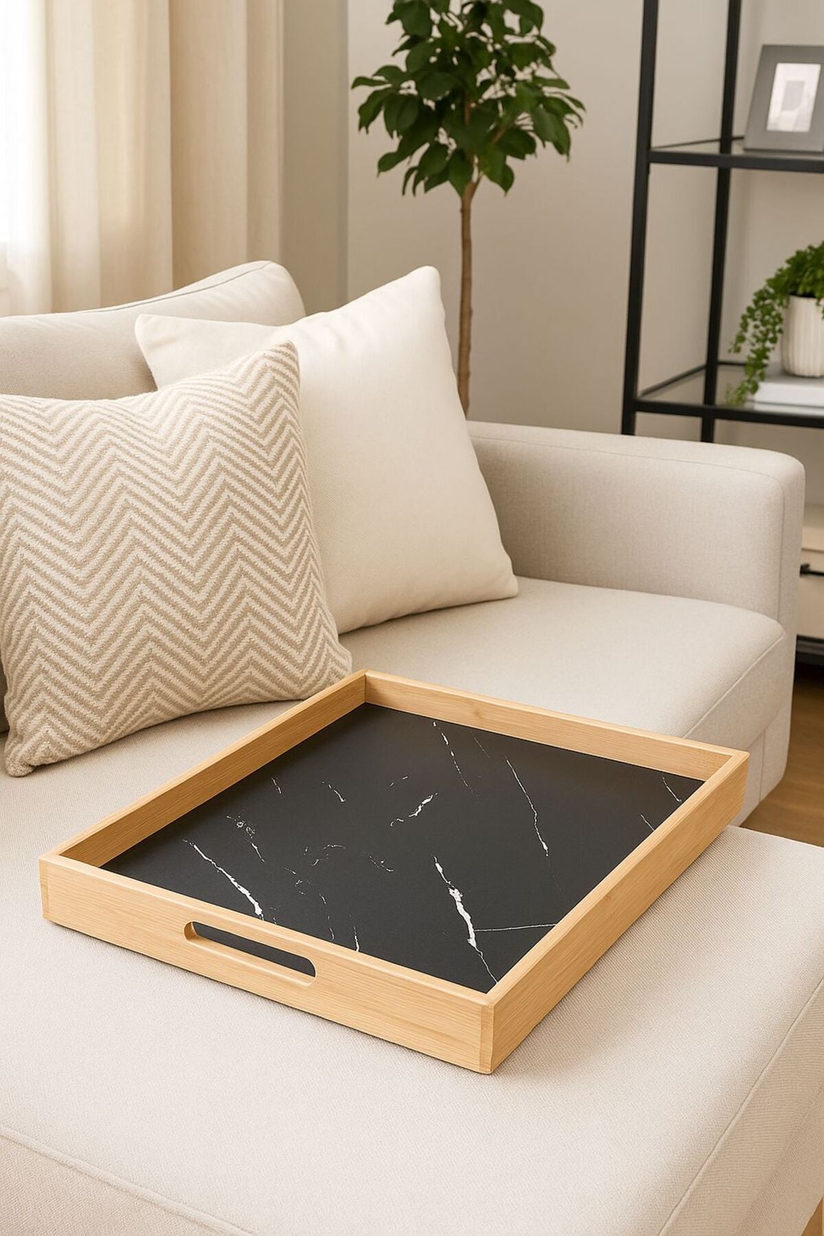 35x45 cm Bambu Çerçeveli Siyah Mermer Desenli Lüks Sunum Tepsisi