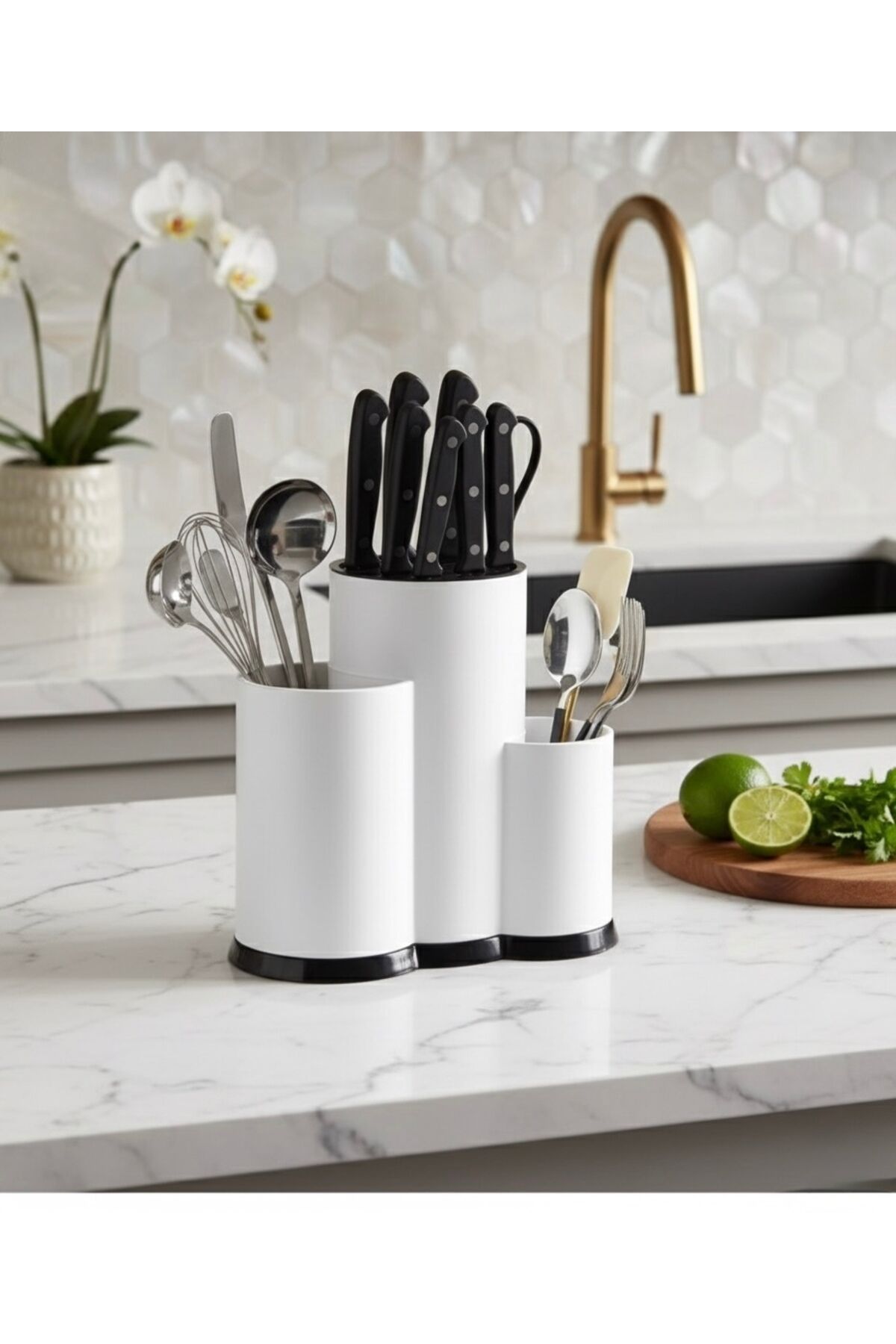 Modern Beyaz Kaşıklık ve Bıçaklık Seti | 3 Bölmeli Tezgah Üstü Mutfak Organizer Beyaz