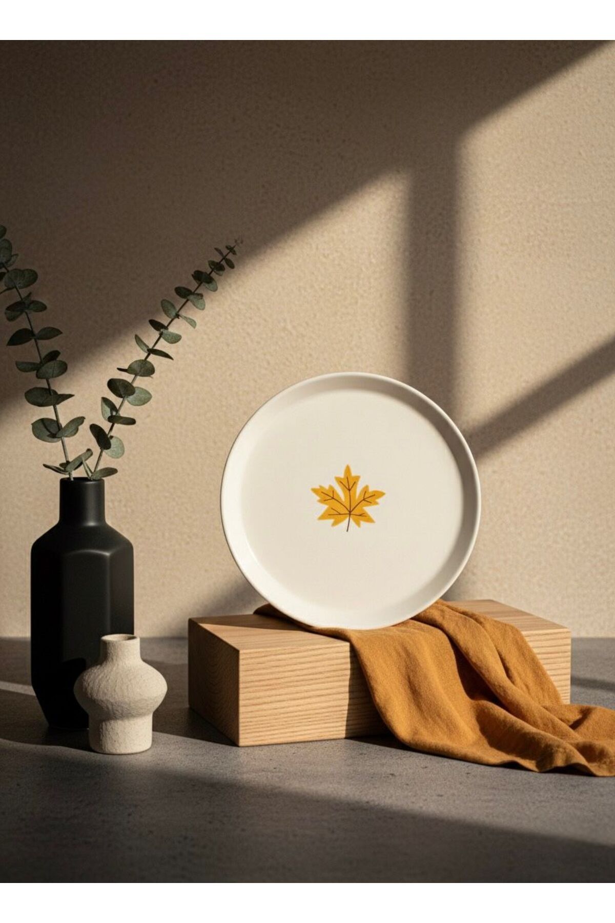 Sanat Koleksiyonu Lüks Akçaağaç Yaprak Desenli Seramik Pasta Tabağı 6lı Set 21cm Modern Sanat Beyaz