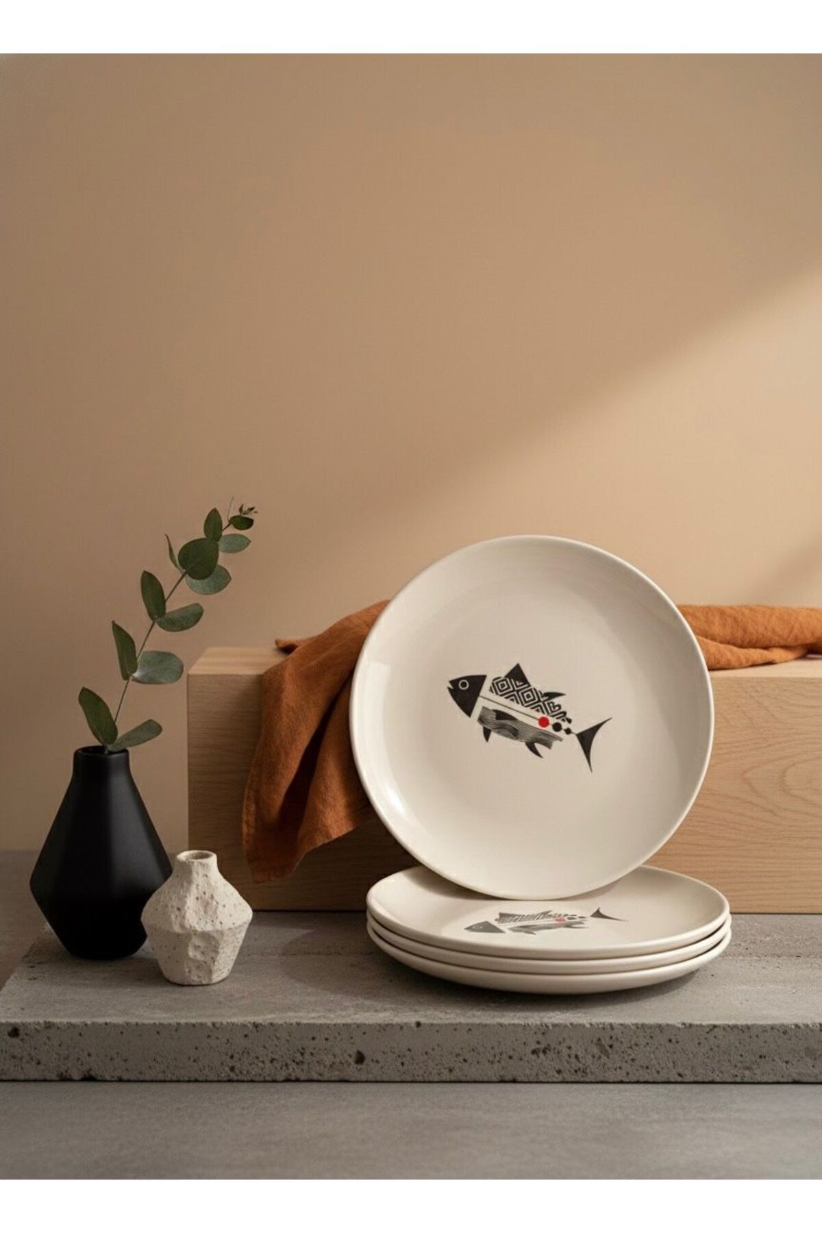 Lüks Balık Desenli Seramik Pasta Tabağı 6lı Set 21cm Modern Tasarım Beyaz