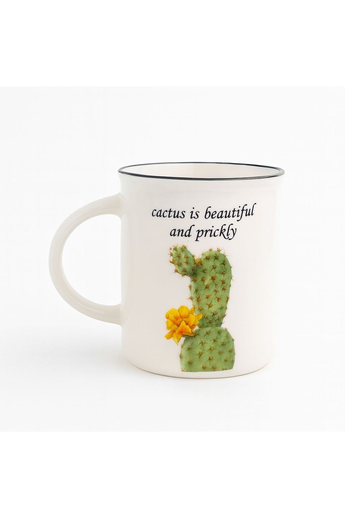 Kaktüs Desenli Porselen Kupa – “Cactus is Beautiful and Prickly” Yazılı, Şık Çay & Kahve Bardağı Beyaz