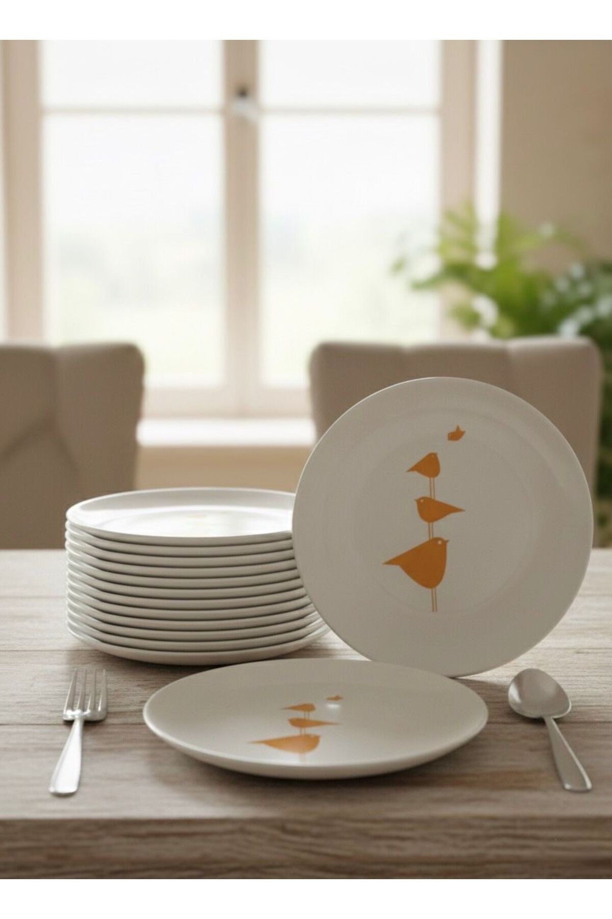 6'lı Seramik Pasta Tabağı Seti | Minimalist Kuş Desenli | 21 cm Modern Sunum & Kahvaltı Tabağı Beyaz