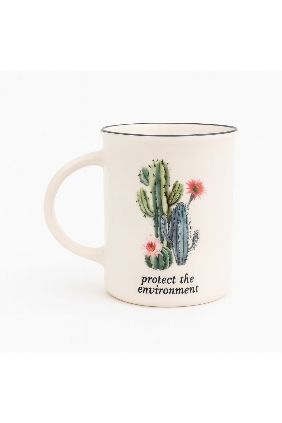 Kaktüs Desenli Porselen Kupa – “Protect the Environment” Yazılı, Şık Çay & Kahve Bardağı Beyaz