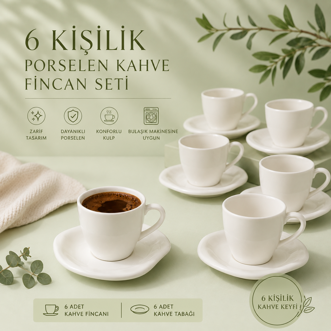6 Kişilik Porselen Kahve Fincan Takımı Beyaz Modern Tasarım 90 ml