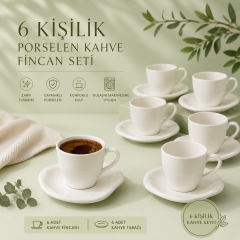 6 Kişilik Porselen Kahve Fincan Takımı Beyaz Modern Tasarım 90 ml